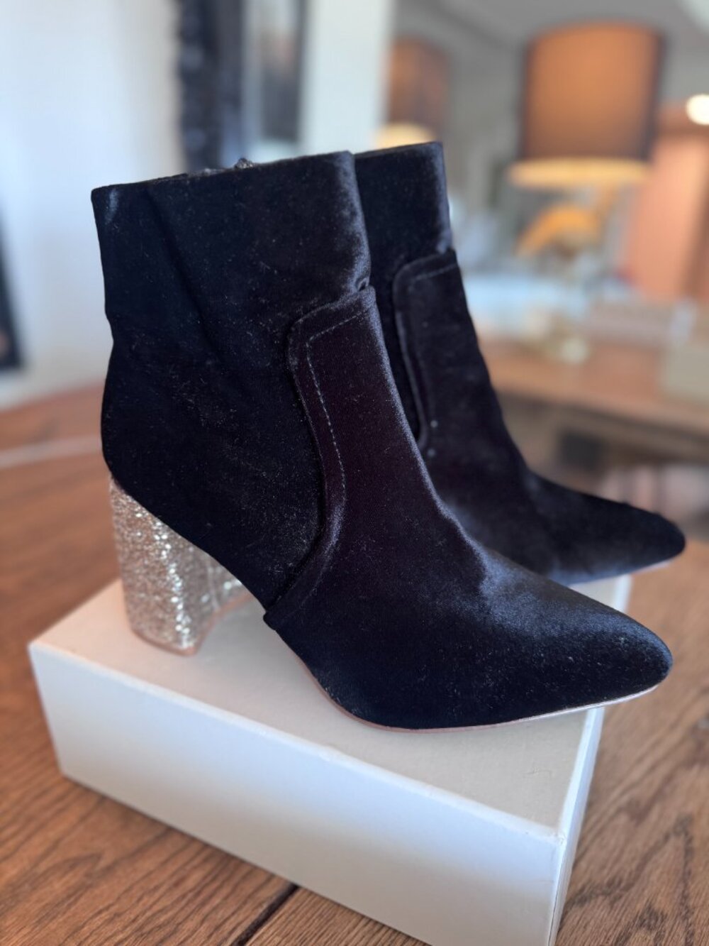 Betsey Johnson velvet boot with gold heel